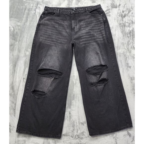 NEW Missguided Jeans Womens 20 Black Faded Extreme Split Ripped Baggy Stretch - Picture 1 of 16